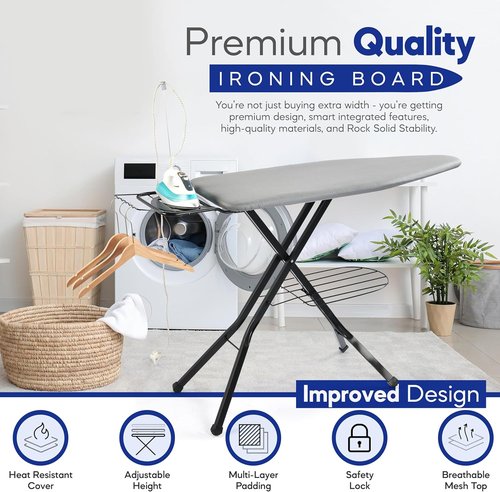 BKTD Extra-Wide Ironing Board - 48"×18" Large Surface with Built-In Clothes Rack & Adjustable Height - Black Grey