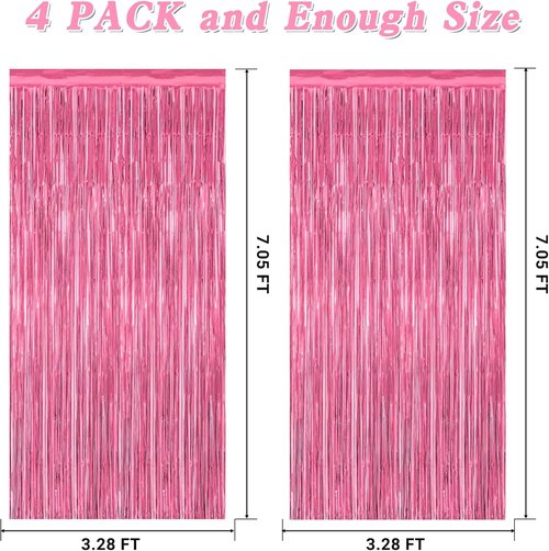 4 Pack Pink Birthday Backdrop - Metallic Happy Birthday Fringe Curtains | 3.28 FT x 7.05 FT