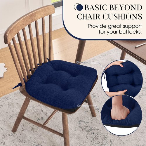 Basic Beyond Chair Cushions for Dining Chairs 4 Pack, Chair Cushion with Ties and Non Slip Backing, 15.5 x 15.5 inches Tufted Chair Pads for Dining Chairs(Royal Blue)