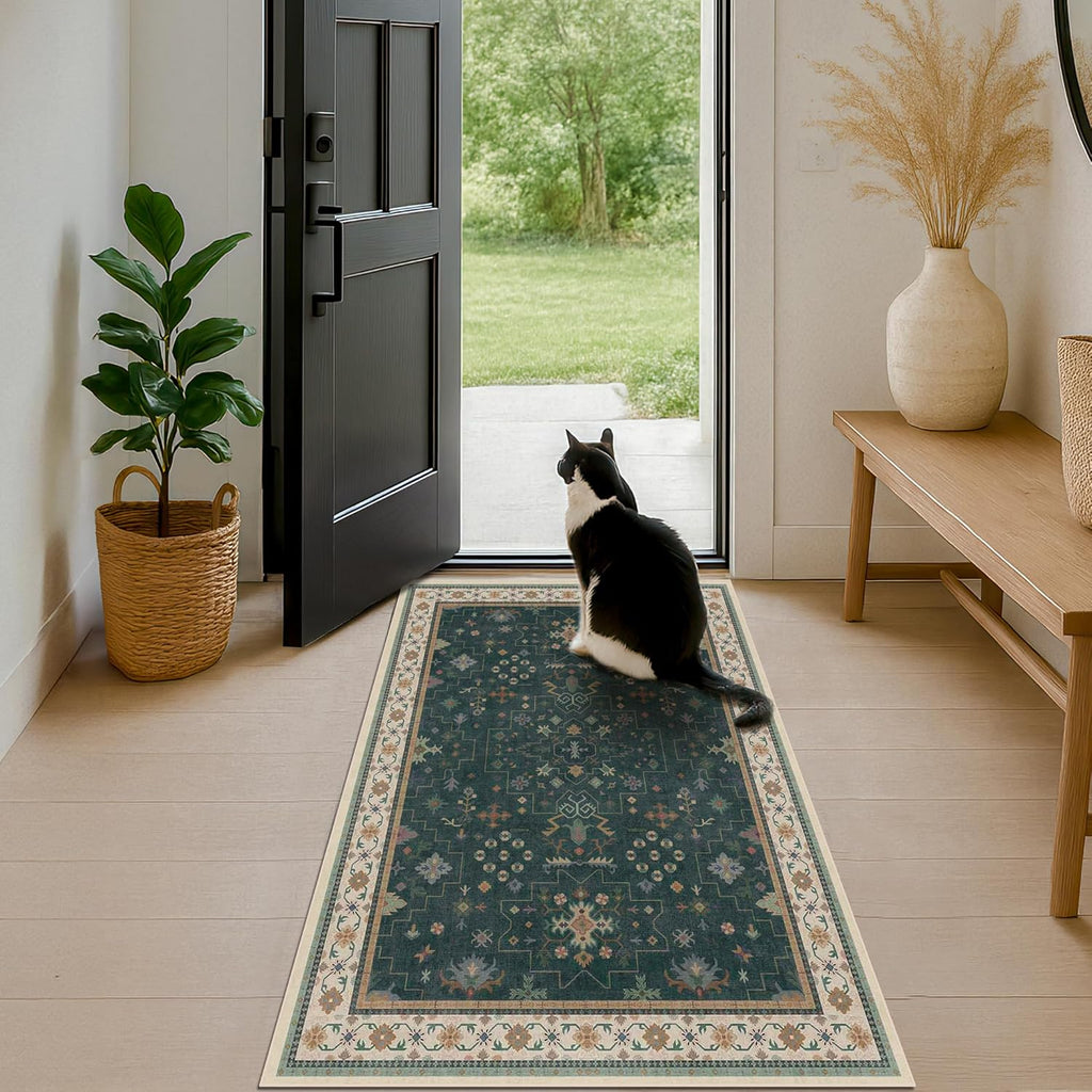 Oushak Dark Green 3x6 Kitchen Rug - Modern Vintage Boho Floral, Washable Non-Slip Area Rug for Entryway & Bedroom