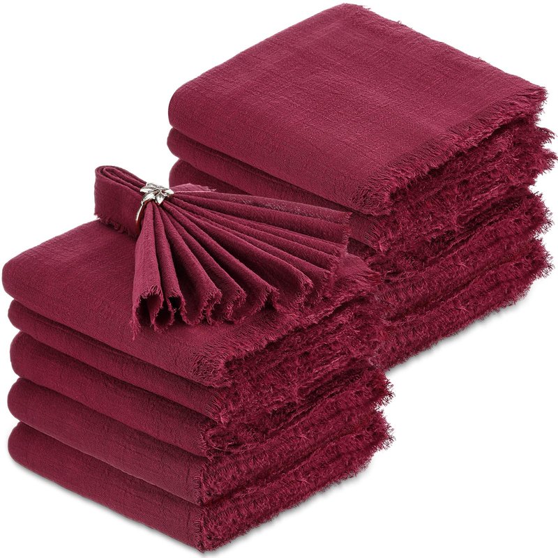 Buryeah 48 Pcs Cotton Linen Cloth Napkins with Fringe 16.5 x 16.5 Inch Square Rustic Dinner Linen Napkins Bulk for Wedding Party Banquet Dinner (Wine Red)