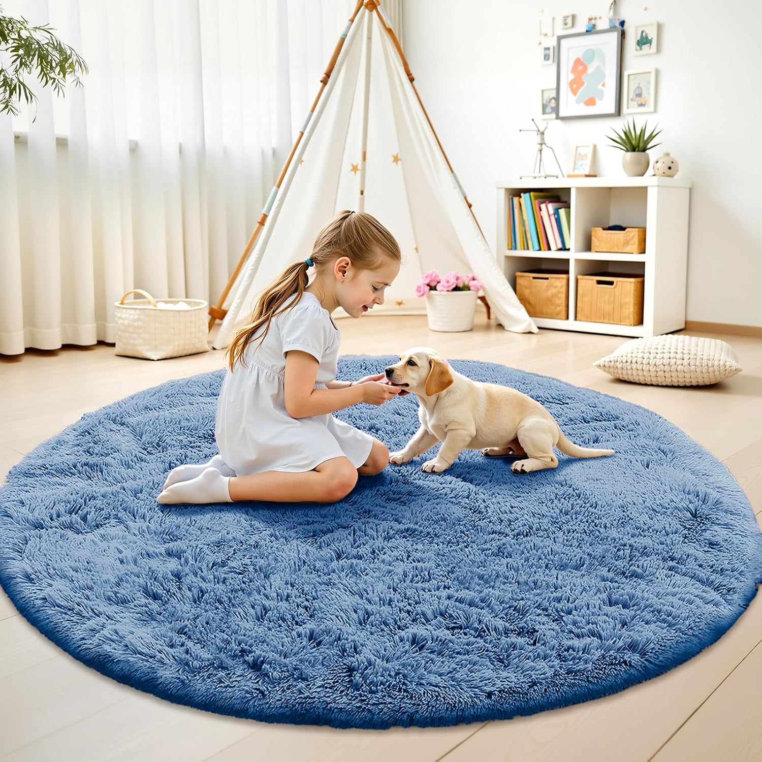 OLANLY Blue Round Area Rug - Soft, Fluffy, Machine Washable 5 ft Circle Carpet for Bedroom & Living Room Decor