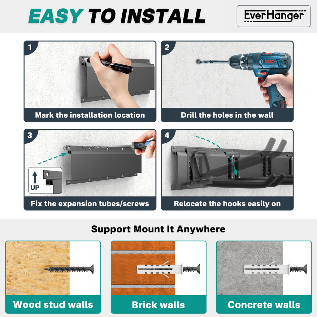 EVERHANGER Garage Tool Storage Organizer, Wall Mount Garden Tool Rack Organization, Heavy Duty Folding Chair Hangers with 12 Adjustable Hooks, Max Load 900lb, 96inch