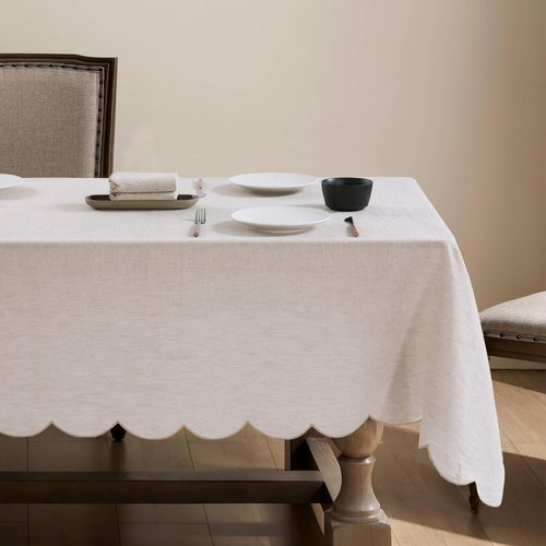AORISSI 100% French Flax Linen Scalloped Embroidery Rectangle Tablecloths 108Lx60W Inch for Dinners, Parties, Spring, Machine Washable, 8-10 Sets, Linen(Edges-Gold)