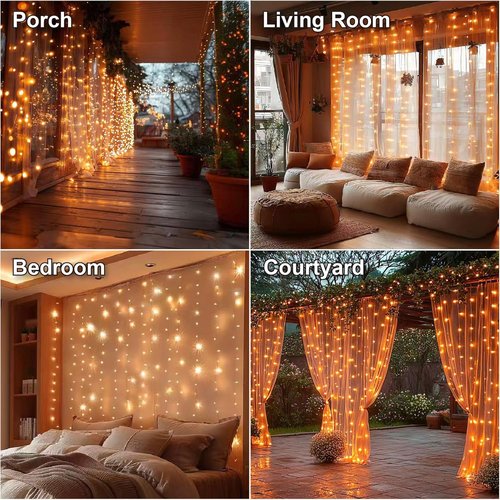 HXWEIYE 300LED Fairy Curtain Lights - 9.8x9.8Ft USB Plug-In with Remote | 8 Modes for Indoor Decor, Orange