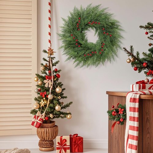 Lush Christmas Wreath - 24-Inch Real Touch Faux Cedar with Red Berries | Indoor/Outdoor Holiday Decor
