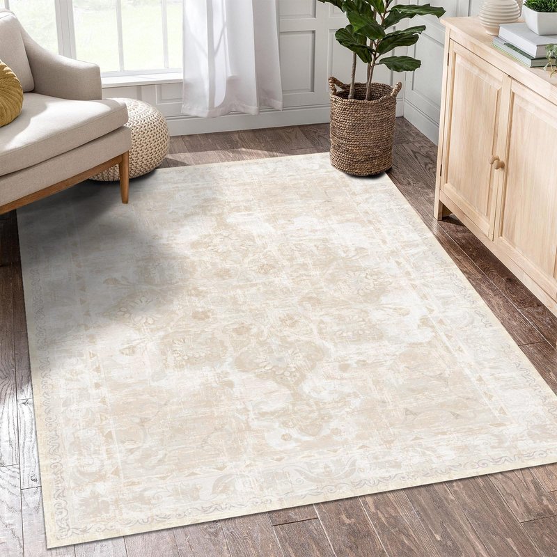 Vhong Washable Area Rugs Boho Vintage Neutral Modern Pale Green 5x7 Non Slip Small Carpet for Living Room Dining Room Bedroom Farmhouse