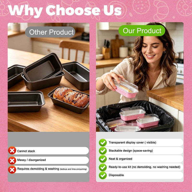 NPLUX 100 Pack Mini Cake Pans with Lids and Spoons Rectangular Aluminum Foil Baking Pans Mini Cheesecake Containers Mothers Day Party Favors(6.8oz)