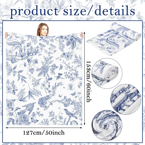 Mindsoft Blue White Flower Blanket Butterfly Soft Throw Blanket Country French 60"x50" Blanket Washable for Spring Summer Fall Party
