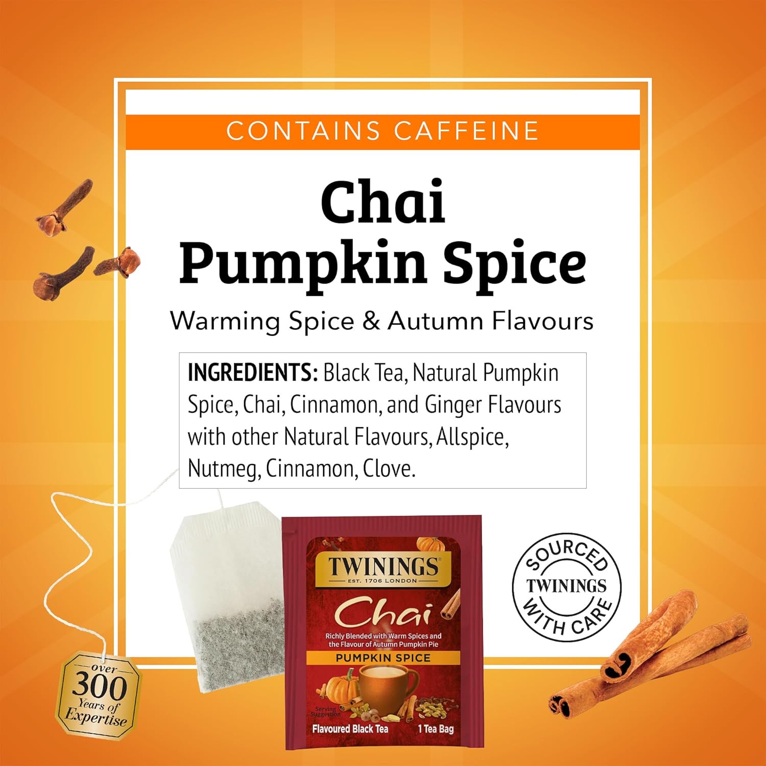 Twinings Pumpkin Spice Chai Black Tea - Warm & Aromatic, 20 Individually Wrapped Bags (Pack of 6)