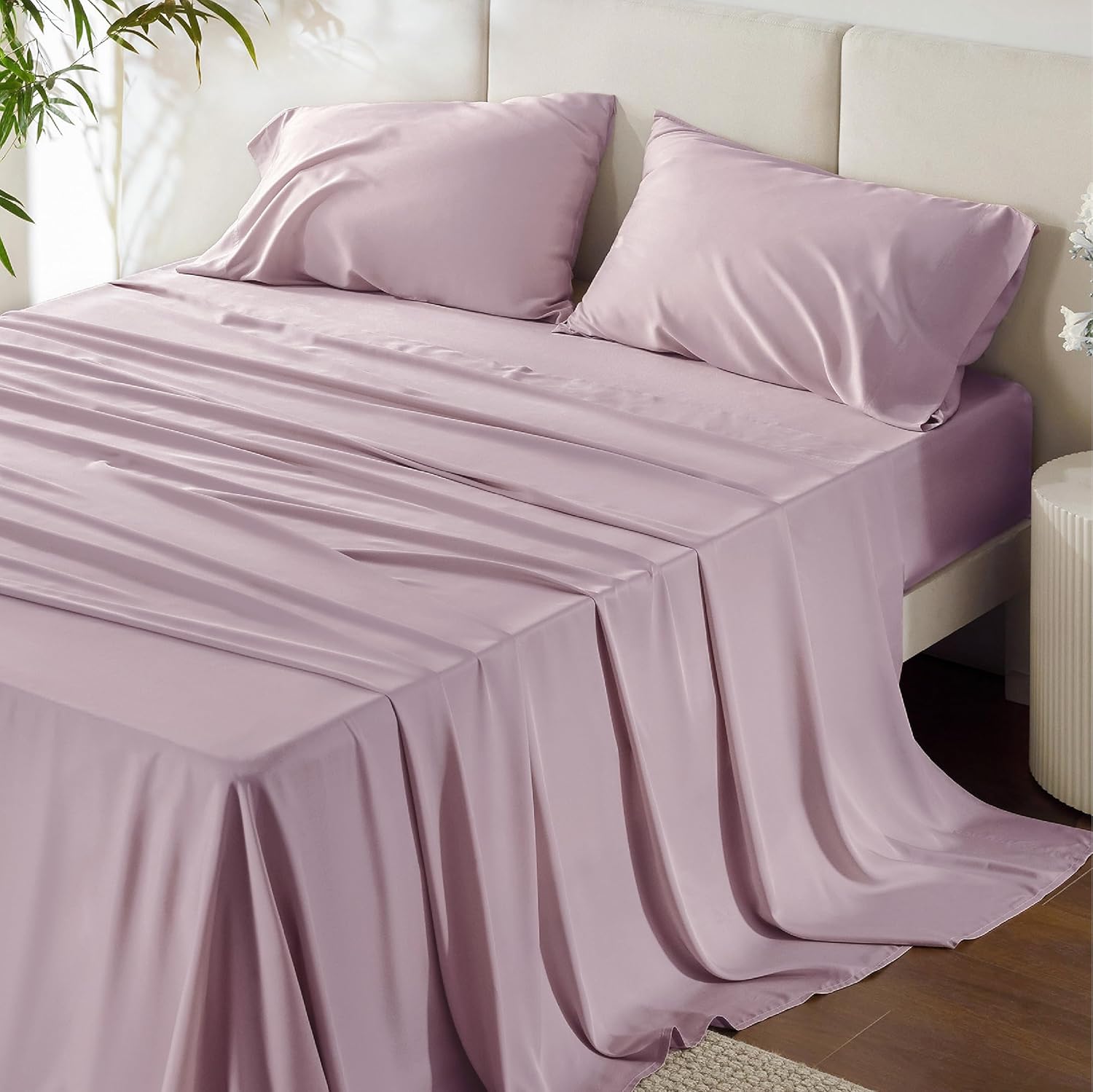 Bedsure Cooling Bed Sheets - Breathable Rayon from Bamboo, Deep Pocket Up to 16 Inches, Lavender