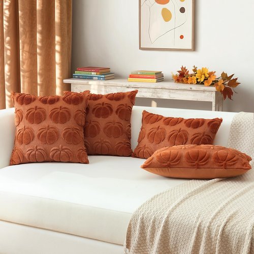 OTOSTAR Fall Pillow Covers Set of 2 Autumn Pumpkin Throw Pillow Covers for Sofa Couch Bed Living Room Soft Plush Short Wool Velvet Farmhouse Throw Pillow Covers for Halloween Rust 16x24 Inch