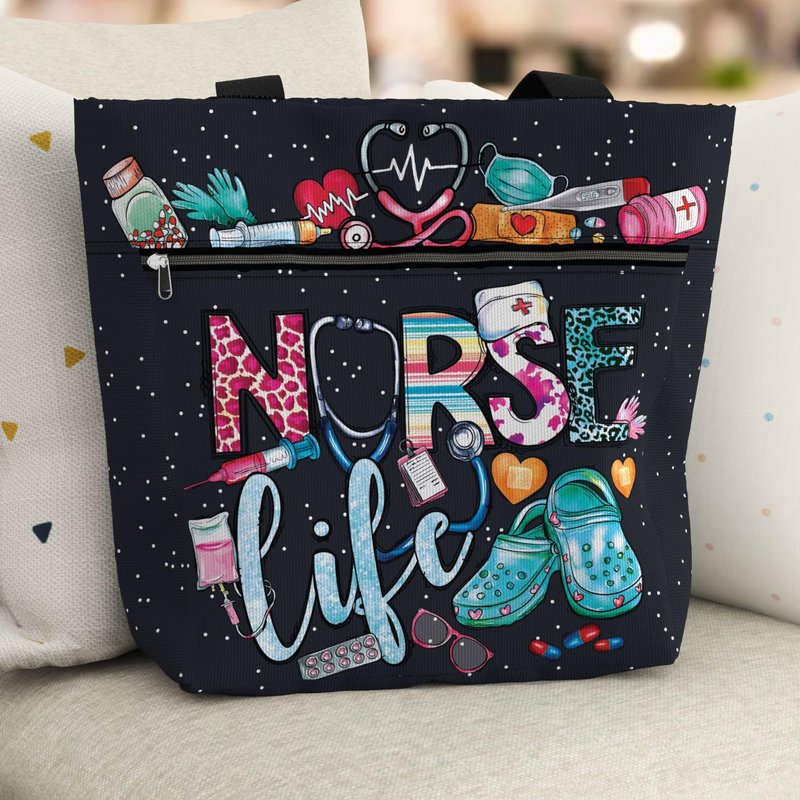 84hoods Aesthetic Tote Bag for Women and Girls. Cute Graphic Nurse Life Tools Large Shoulder Bag 15 inch with Pockets and Zipper for Work. Waterproof Grocery Bag. Gift for Nurse.