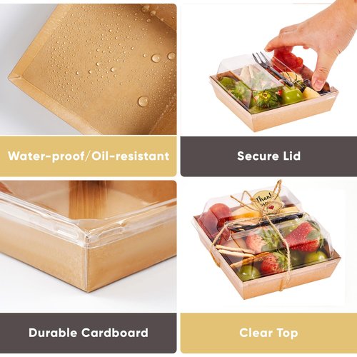 Leafiew 50 Pack Small Individual Charcuterie Boxes with Clear Lids and Forks - To Go Paper Mini Charcuterie Box, Disposable Food Containers, 5Inch Dessert Boxes for Cookie, Cake Slice, Strawberries