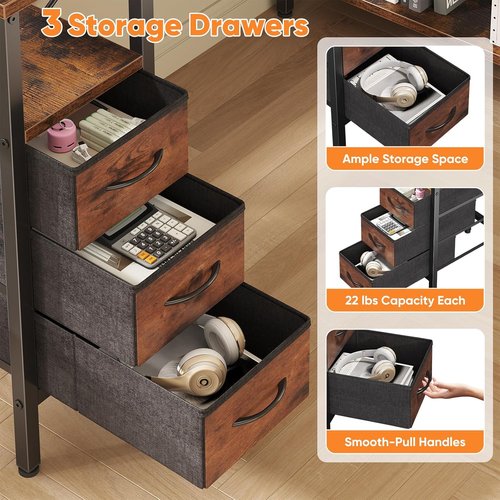 DUMOS L-Shaped Desk - 47-Inch Brown Corner Computer Desk with Power Outlet & Adjustable Shelves