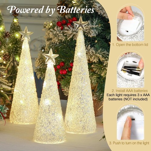 Lewondr LED Glass Christmas Tree Tabletop Lamps - Warm Yellow Light, 3 PCS with Timer for Holiday Decor