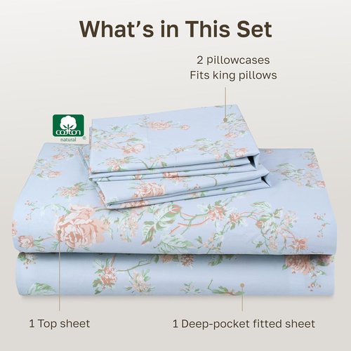 California Design Den King Size Bed Sheets Set - 400 TC Sateen Finish, Deep Pockets, Floral Blue/Pink