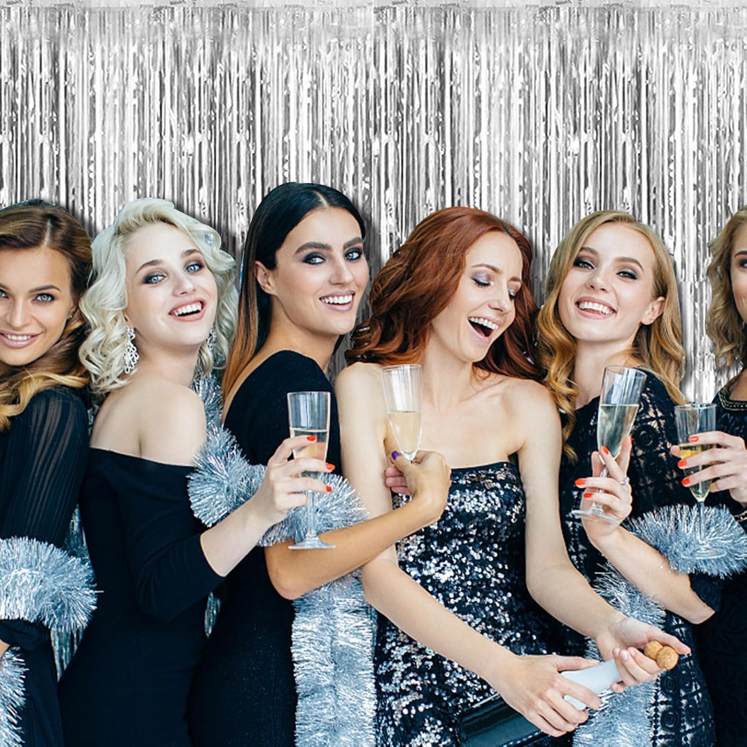 Skiennix Silver Backdrop Curtains - 10 Pack Foil Fringe Decorations for Parties & Events
