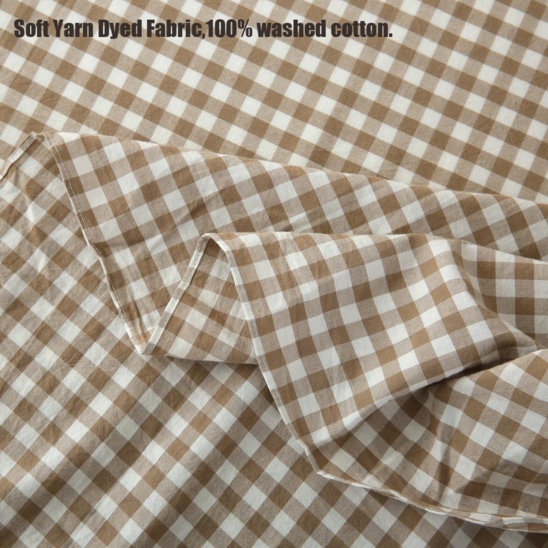 Silnuo Taupe/White Plaid Bed Skirt Washed Cotton Shabby Gingham Checkered Dust Ruffle King Size 18" Bedding(1 Bed Skirt Only)