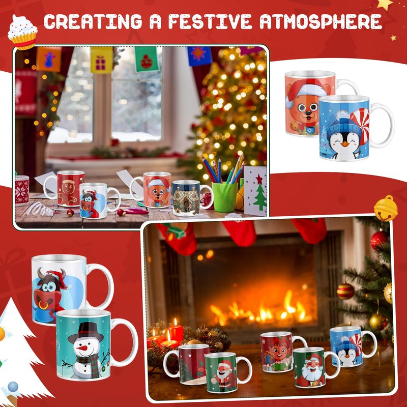 Tioncy 12 Pcs Christmas Coffee Mugs Set 11 oz Ceramic Christmas Mugs with Handle Ceramic Matching Cups Holiday Party Stackable for Home Centerpieces Housewarming Holiday Party Gift(Classical)