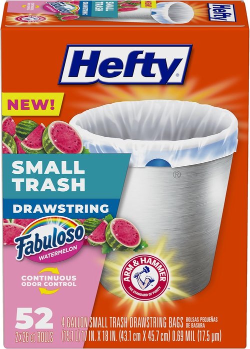 Hefty Small Trash Bags - Watermelon Scented | 4 Gallon | 52 Count for Odor Control