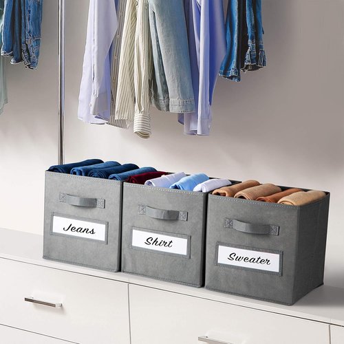 Artsdi 11-Inch Storage Cube Set - Foldable Fabric Bins with 10 Labels & Pen | Gray Closet Organizer