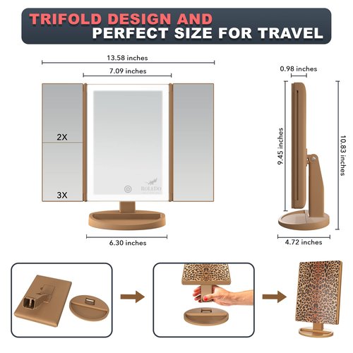 RoLeDo Lighted Makeup Mirror with Magnification 2X 3X 10X, Trifold Vanity Mirror with Lights, Touch Screen, 72 LED 3 Color Lighting, Dual Power, Leopard Print – Stylish Gift for Women & Teen Girls