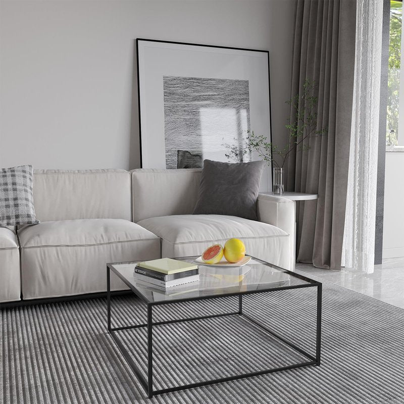 Glass Coffee Table Modern Center Table,Minimalist Coffee Table Sofa Side Tea Table for Living Room,Tempered Glass-top with Sturdy Metal Frame, Easy Assembly,26.4 x 26.4 x 15.7 Inches, Black