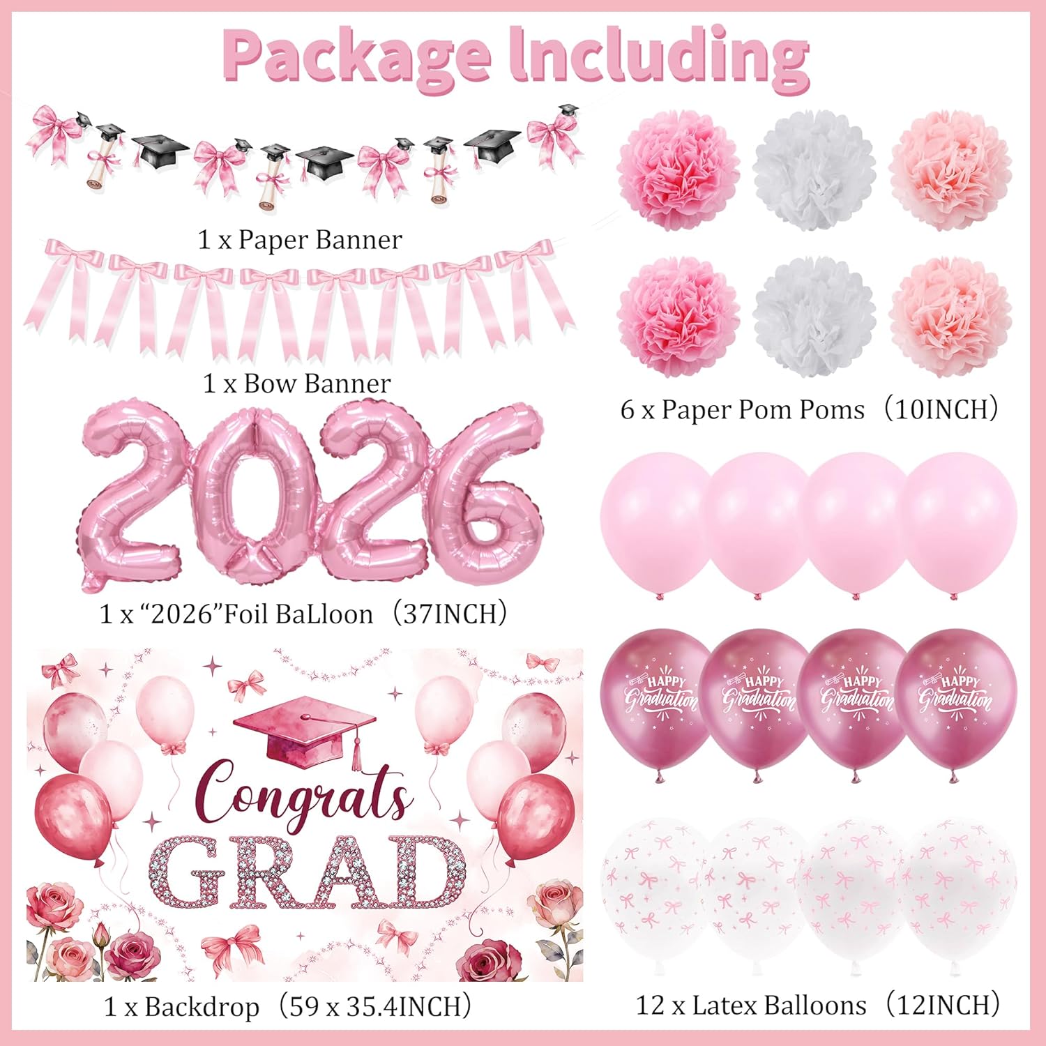 Pink Bow Graduation Decorations - 2026 Grad Banner & Garland | 22PCS Party Supplies