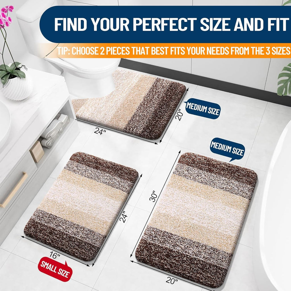 OLANLY Soft Absorbent Microfiber Bathroom Rug Set - Non-Slip Plush Shaggy Mats (30"x20" & 24"x16", Brown)
