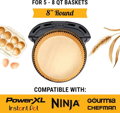 Baker's Signature Air Fryer Liners - 125 Pcs Round Disposable Non-Stick Paper | 8 Inch for 5-8 Qt Baskets