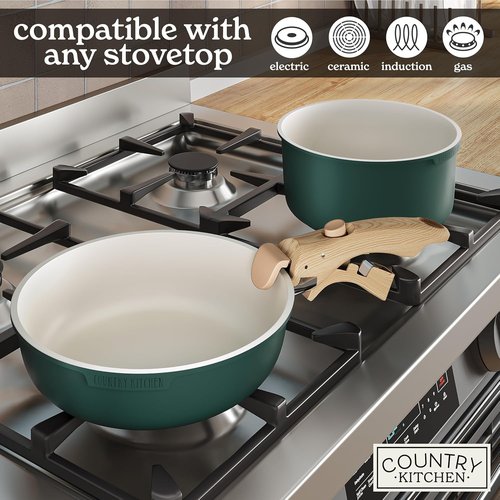 Country Kitchen Cookware Set - Removable Handle, Oven & RV Safe Pots and Pans, Sage Wood Handle