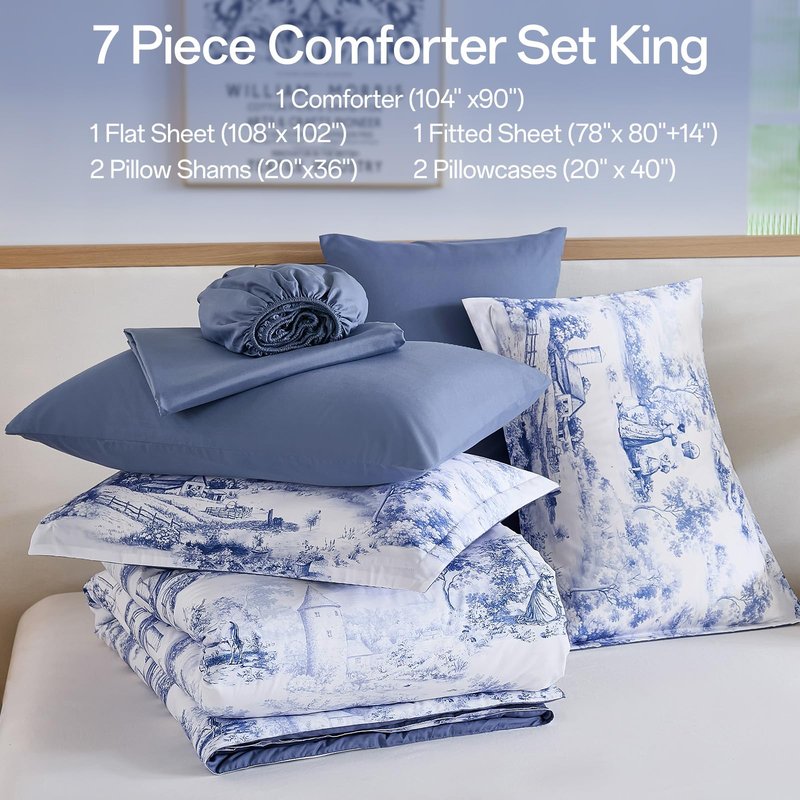 WONGS BEDDING Blue Comforter Set King, 7 Pieces Bed in a Bag Farmhouse Comforter with Sheets, French Toile Bedding Set, Soft Lightweight Microfiber Botanical Print Complete Bed Set for All Season