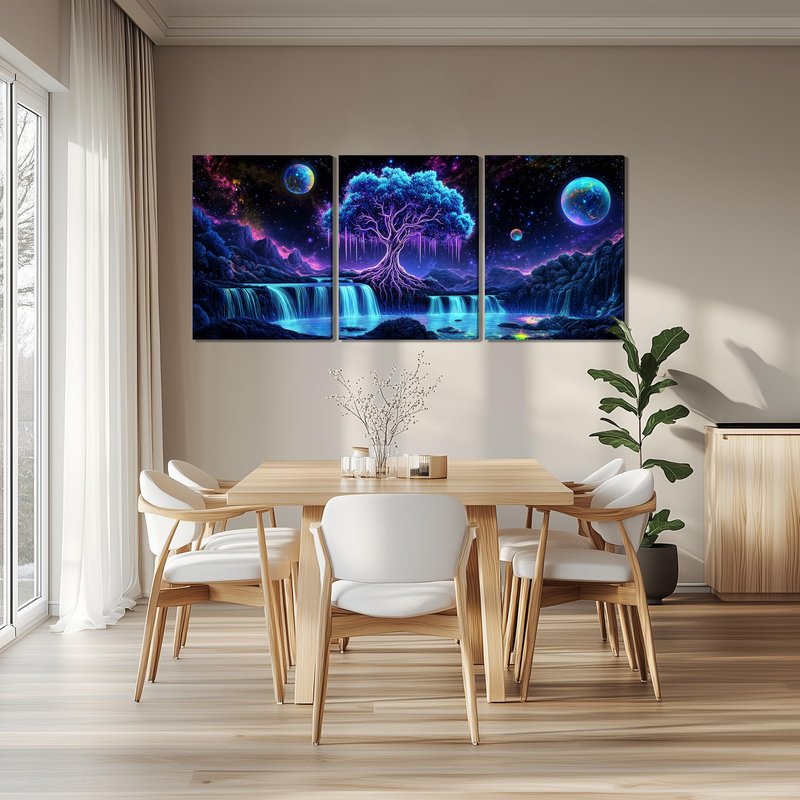 KFYMP Tree of Life Wall Art – 3 Piece Galaxy Canvas Prints – Large Fantasy Waterfall and Space Wall Decor – Spiritual Modern Artwork for Living Room – 16x24 Inch