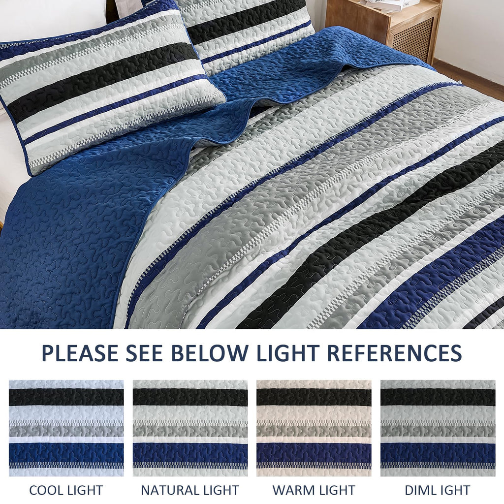 WONGS BEDDING Quilts Queen Size, Navy Blue Quilt Bedspread Bedding Set, Summer Queen Coverlet Sets with Shams, 3 Pieces Lightweight Striped Quilt for Bed(96"x 90")