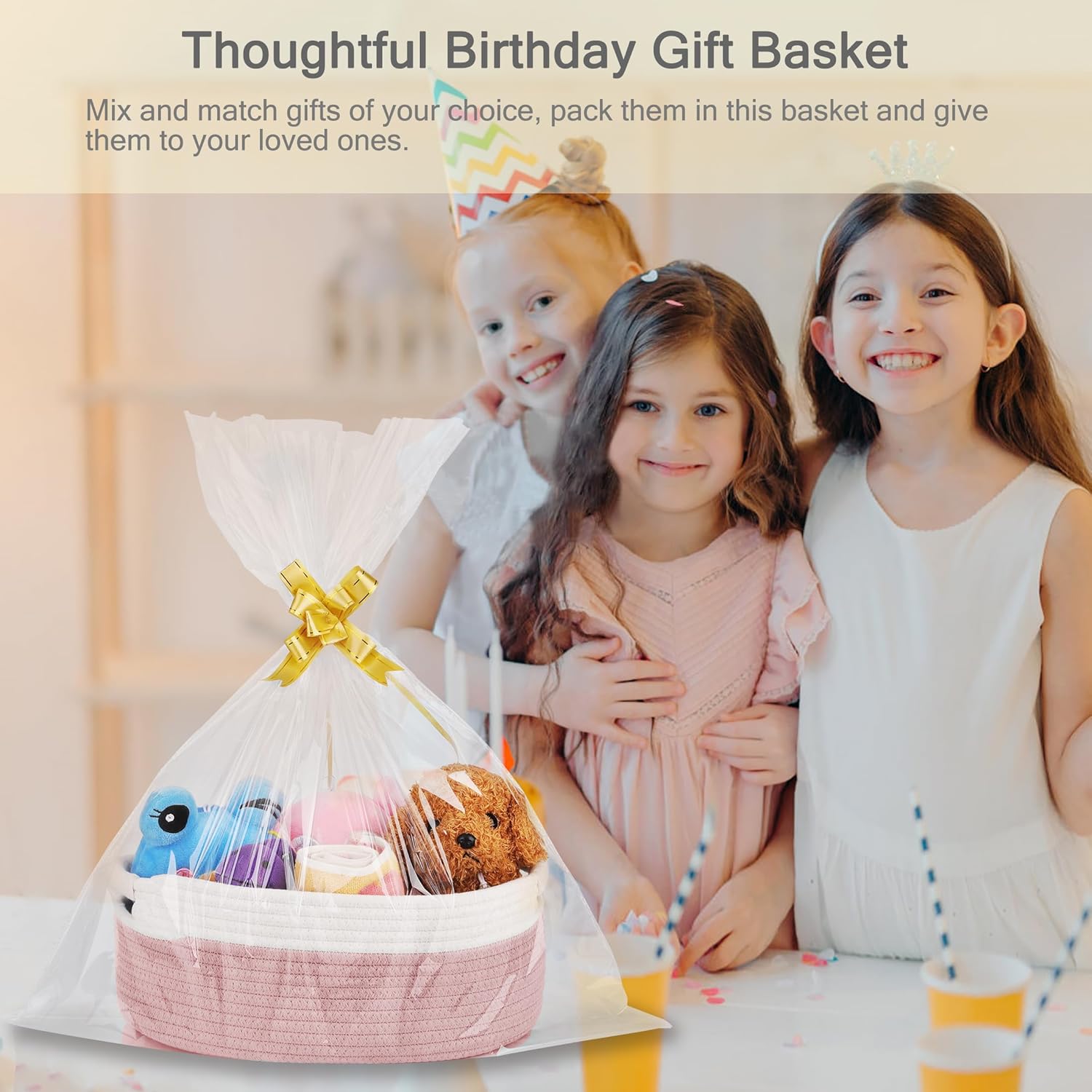 Skiennix Small Woven Basket - Versatile Gift Basket for Kids & Pets | Dusty Pink, 13” x 9” x 5.5”