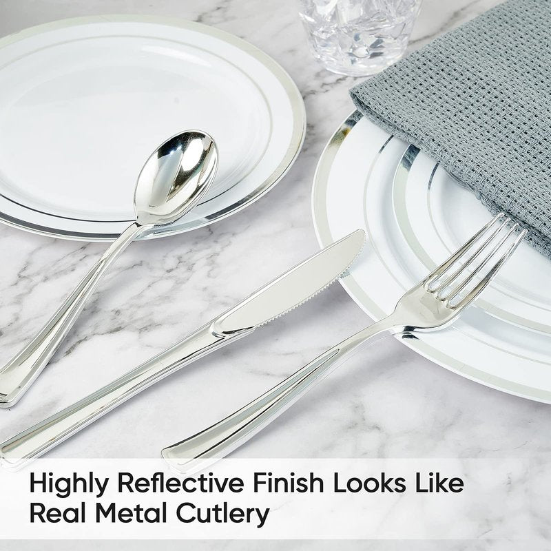 FOCUSLINE 160 Pack Silver Plastic Silverware Set, Plastic Flatware Set- 80 Silver Forks, 40 Knives, 40 Spoons, Heavy Duty Disposable Cutlery for Weddings, Parties, Dinners