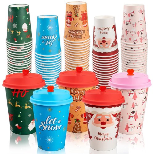 CUPLOOV 100 Pack Christmas Hot Coffee Cups with 50Pcs Lids, Xmas 12 Oz To Go Coffee Cup Hot Chocolate Cups, Christmas Disposable Paper Cups for Cold Drinks Holiday Winter Party Supplies