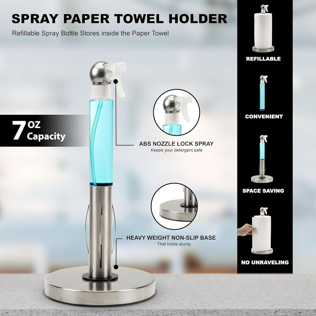 Skiennix Paper Towel Roll Holder - Space-Saving Design with Hidden 7oz Spray Bottle | Rust-Resistant Stainless Steel