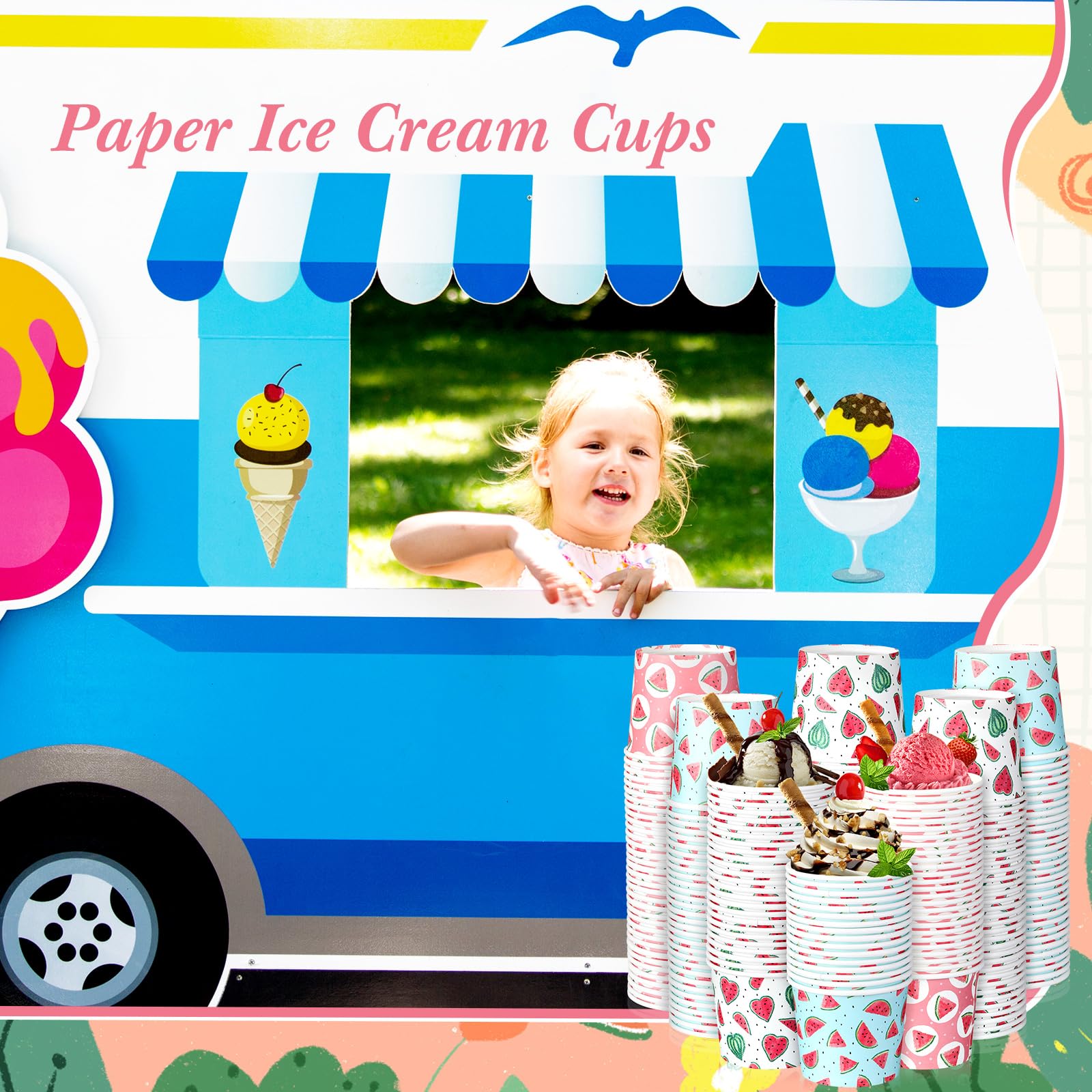Tanlade 210 Packs 12 oz Ice Cream Cups Paper Disposable Ice Cream Bowls Watermelon Paper Cups Bulk for Ice Cream Dessert Cups Dessert Bowls for Cold or Hot Food Cups for Soups Sundaes Ice Cream Cones