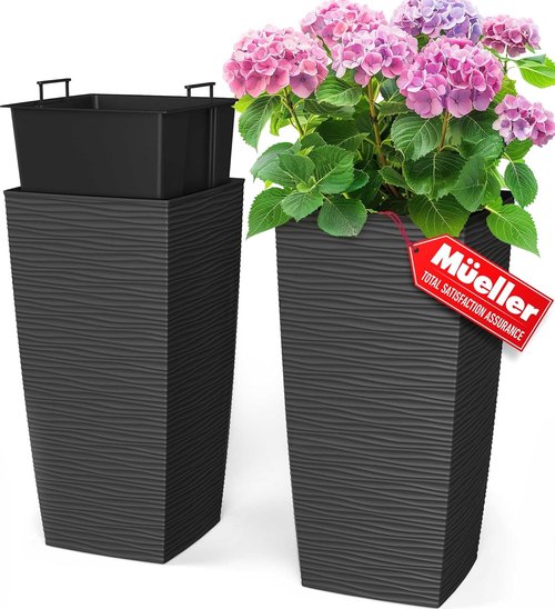 Mueller Janska Heavy Duty Tall Planter - 24” Indoor/Outdoor 2-Piece Set with Drainage | Modern Dark Gray Design