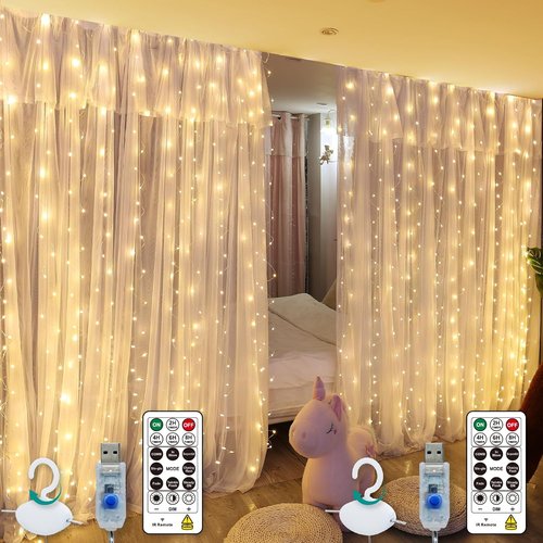 HXWEIYE 300LED Fairy Curtain Lights - 9.8x9.8Ft USB Plug-In with 8 Modes & Remote - Warm White | 2 Pack for Indoor Decor