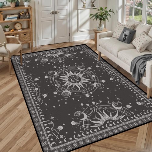 5' X 7' Sun and Moon Rug Boho Celestial Area Rugs for Bedroom Dorm Living Room Bohemian Occult Crescent Solar Stars Galaxy Floor Mat Pad Doormat Carpet,150 X 210cm,Tundora