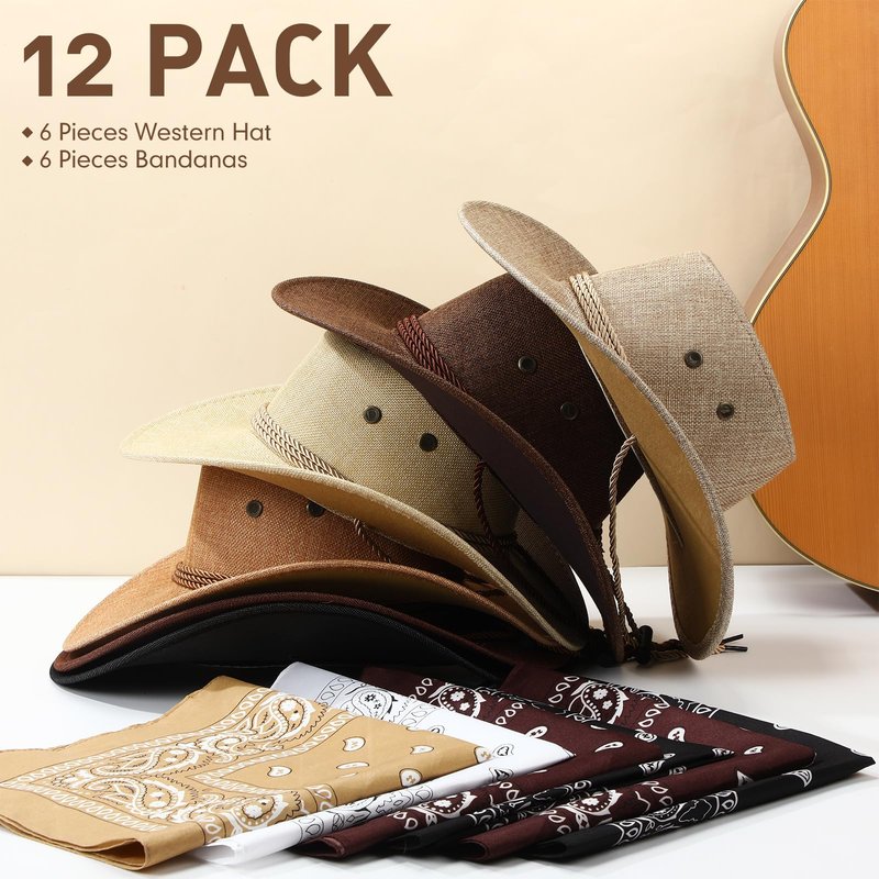 Zhanmai 12 Pcs Cowboy Hat and Bandana Cowboy Cowgirl Hats Bulk Western Party Costume Halloween Accessory(Flax,Brown Series)