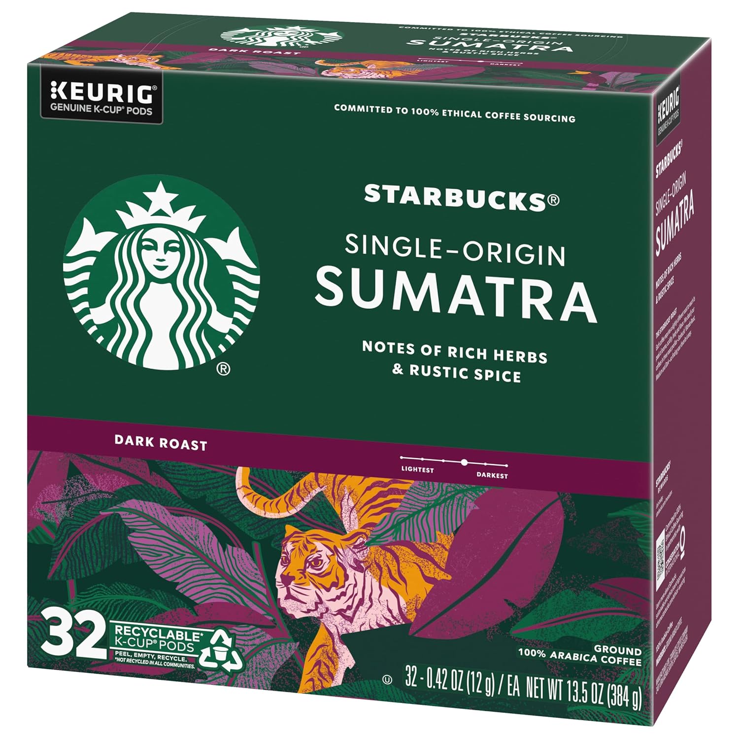 Starbucks K-Cup Pods - Sumatra Dark Roast Coffee - Single-Origin, 32 Count (Pack of 4)