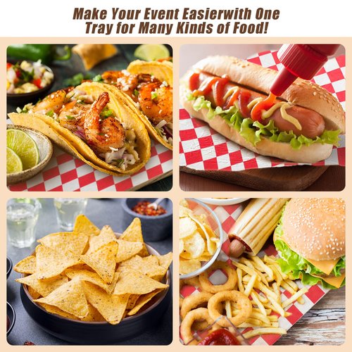 Laumoi 50 Set Kraft Paper Food Tray with Checkered Wrapping Paper Brown Greaseproof 4 Corner Pop up Paperboard Food Box Disposable Foldable Cardboard Trays for Party Theater Movie Night