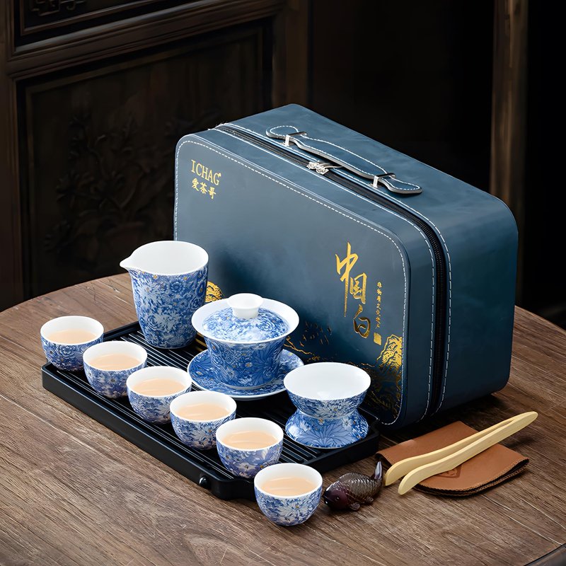 ICHAG Chinese Tea Set, Gongfu Tea Sets for Adults, Asian Gaiwan Teaset, 14-Piece Yangzhi Jade (羊脂玉茶具) with Suspended Gaiwan & Tea Pet, Portable Travel Teaset for Home, Outdoor, Office Gifts