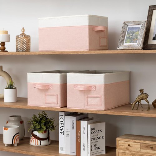 Granny Says Storage Baskets - Decorative Fabric Bins for Organizing | Medium Pink & Ivory, 3-Pack
