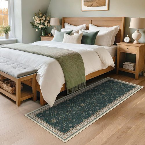 Dark Green Kitchen Rug - Modern Vintage Boho Floral Design | Washable Low Pile Non-Slip Runner for Entryway