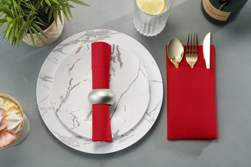 50-Pack Disposable Linen-Feel Dinner Napkins with Built-in Flatware Pocket, BRIGHT RED Prefolded Cloth Like Paper Napkins For Christmas, Dinner, Wedding Or Party [Silverware NOT Included]